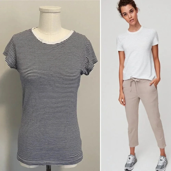 Aritzia The Group Babaton Lagarde Crew Neck T-Shirt  Black and White Striped Tee - Picture 1 of 13